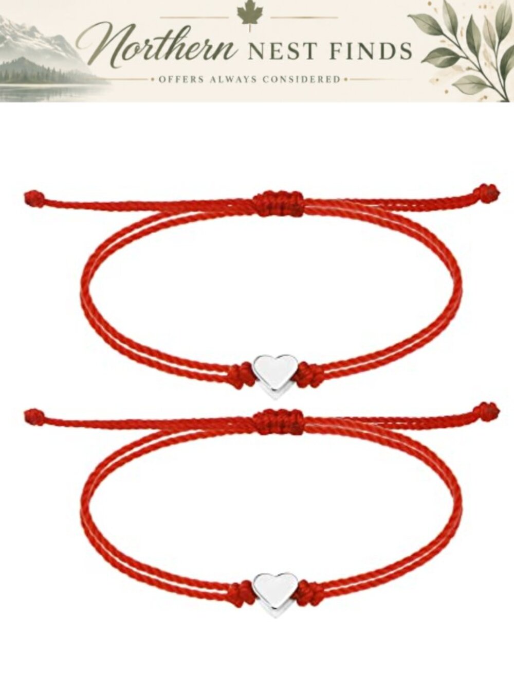 Kabbalah Red String Bracelet Adjustable Sliding Knot Stainless Steel Heart Charm